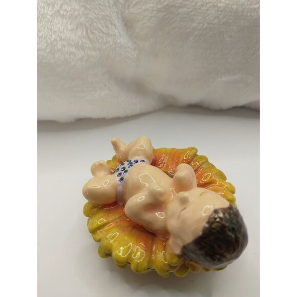 Hand-Painted Enameled Baby Sleeping on a Sunflower Trinket Box with Necklace - Picture 4 of 9